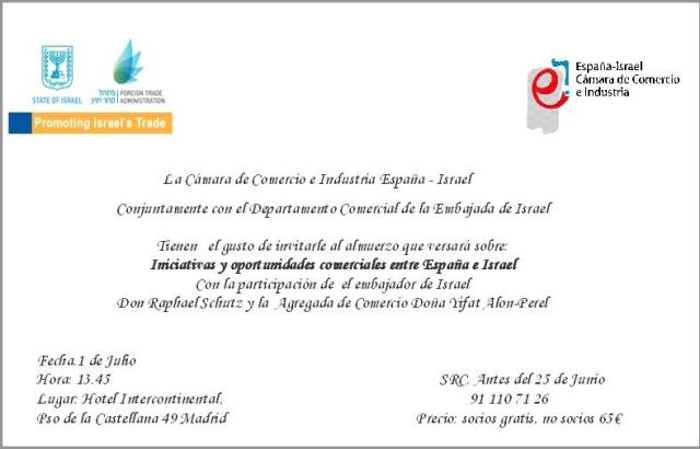 INVITACION ALMUERZO INICIATIVAS Y OPORTUNIDADES COMERCIALES |  Catalonia-Israel Commerce Chamber